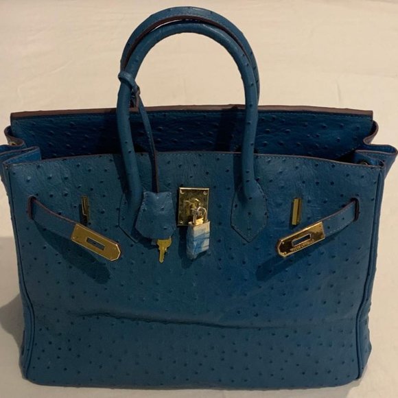 House of Hello Blue Ostrich Mini 20 CM Bag Lock & Key Handbag - Picture 10 of 12